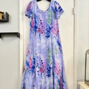 Vintage Jams World Purple/Blue Floral Wisteria Dress Fluted Skirt Long Sz XS
